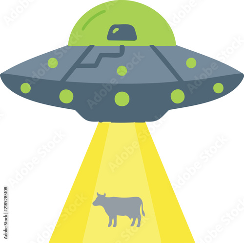 UFO alien spaceship abducting a cow with tractor beam, flat vector illustration of flying saucer and livestock, sci-fi extraterrestrial craft