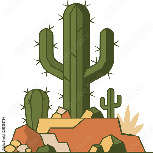 Saguaro cactus desert landscape vector, flat geometric succulent plant illustration, arid southwestern nature scene with rocks