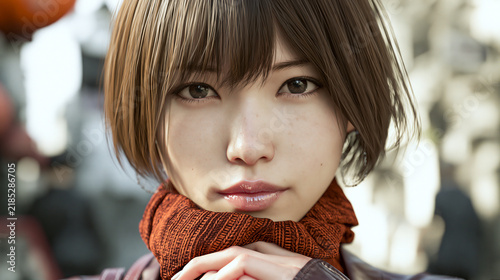 Naklejka オレンジ色のマフラーを身につけた女性の冬のポートレート