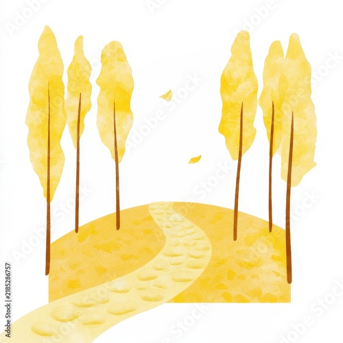 Autumn forest landscape with a winding path in flat watercolor design illustration.