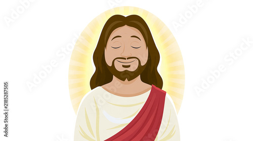 Obraz na plátně Isolated cartoon vector illustration of Jesus Christ with serene face, halo, and traditional robe