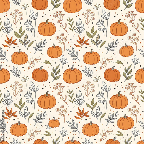 Autumn seamless pattern with pumpkins, leaves, and botanical doodles on beige background