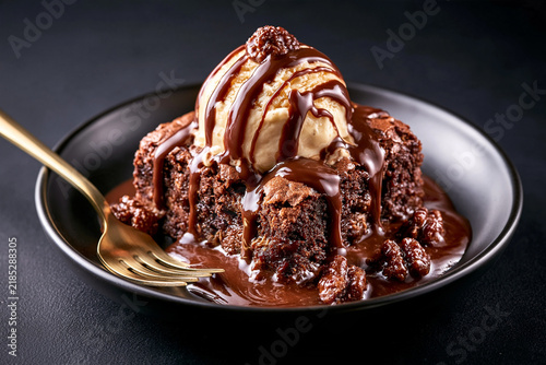 Brownie Ã  la mode warm fudge brownie, melting vanilla scoop, chocolate drizzle., sunken center, no crust 