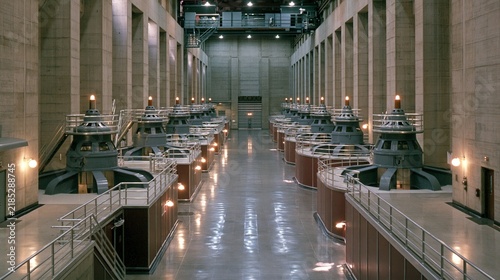 Powerhouse Interior: Turbine Generators and Luminous Lighting
