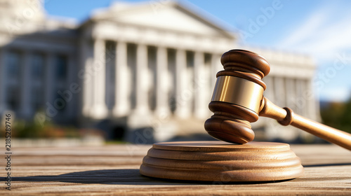Wooden judge gavel resting before a classical courthouse building, symbolizing justice, court rulings, legal authority, litigation and the judicial system.
