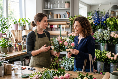 Smiling woman customer choosing fresh pink rose bouquet from florist in floral boutique shop