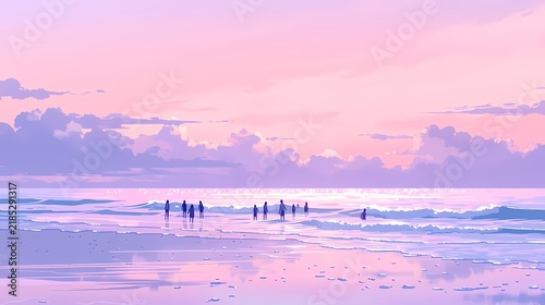 Plakat 薄紫の夕空を映す静かな波打ち際と遠くの人影、パステル調の夕暮れの海