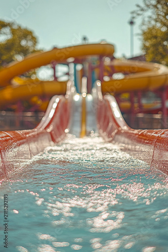 Water slide in a swimming pool, perfect for kids and adults alike. vertical frame