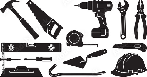 Construction hand tools black silhouette icon set on checkered background for carpentry and builder projects.