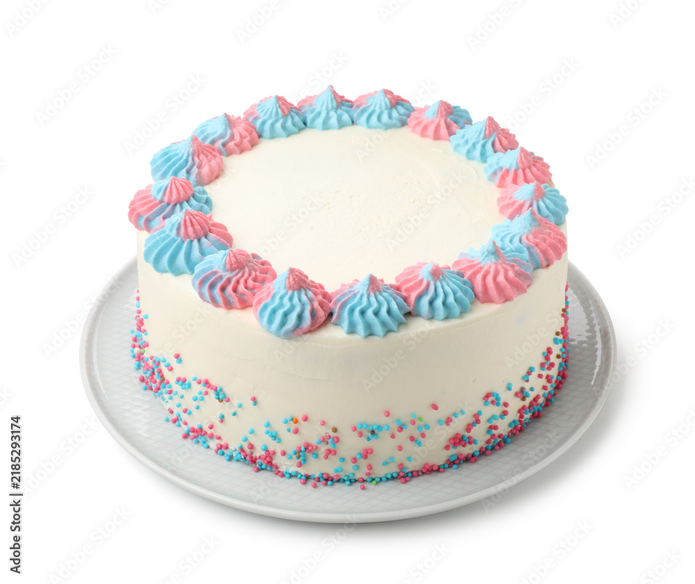 Obraz premium Baby gender reveal party. Tasty cake with sprinkles isolated on white