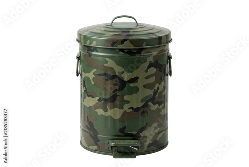 Camouflage Pattern Metal Trash Can with Lid and Foot Pedal on Black