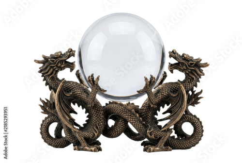 Clear Crystal Sphere Resting On A Bronze Dragon Statue Ornament