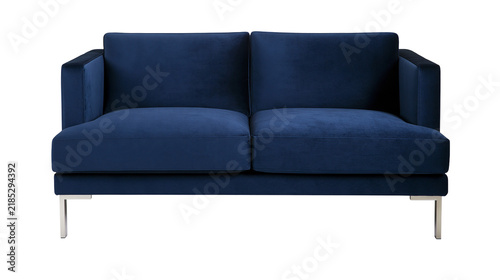 Konstfotografi Isolated modern navy blue two-seater sofa with metal legs for contemporary livin