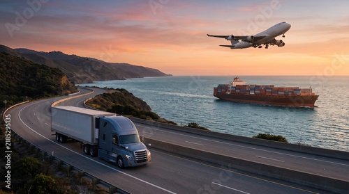 Transportation hub truck ship and plane over scenic coastal road