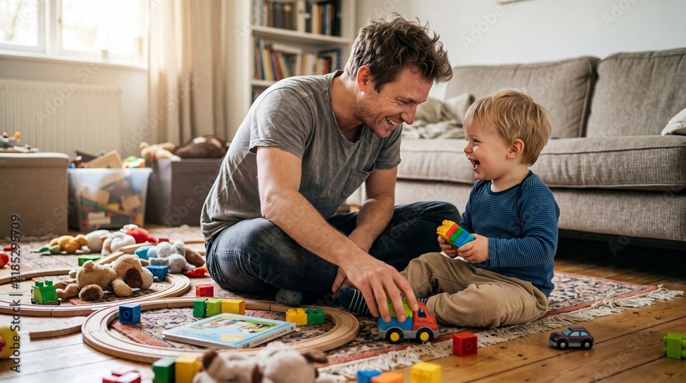 Obraz premium Father and Son Playing Together with Toys in a Cozy Living Room