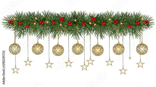 Isolated festive Christmas garland with holly berries, golden stars and shimmering baubles