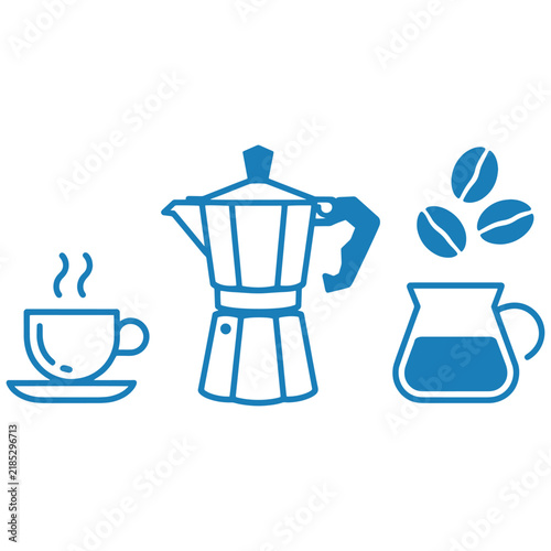 Blue line art icons of a mocha pot coffee cup and carafe with beans on white