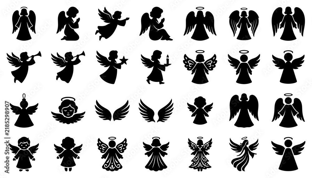 Obraz premium Angels Set, Various Poses and Styles, Decorative Icons, Spiritual Symbols