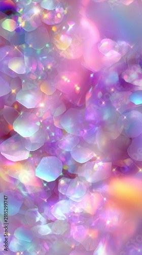 Pastel glitter bokeh with holographic crystal texture, soft iridescent highlights, sparkling multifaceted fragments and dreamy blurred light for luxury decorative background