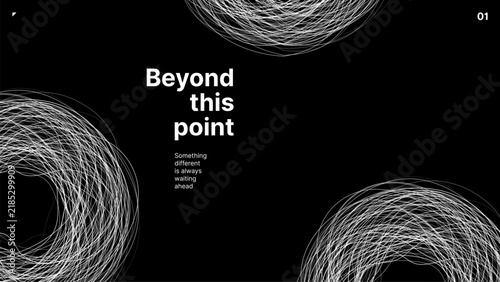 Fotografía Beyond this point poster with abstract white scribble circles on black background