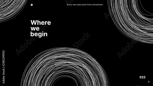 Fotografía Black and white abstract design template with white circular line patterns and typography where we begin
