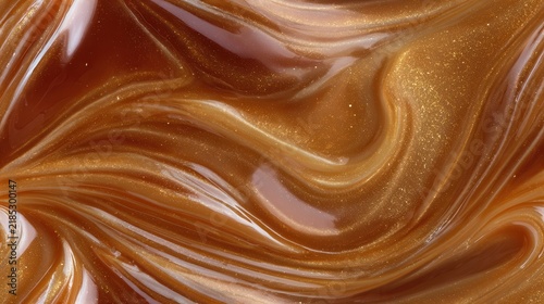 Swirling glossy caramel texture with salt crystals and golden highlights close-up, with caramel, toffee, sauce, syrup detail, showing sweet, dessert, confectionery, closeup context