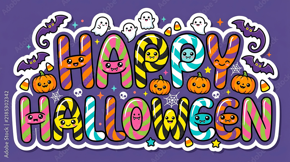 Obraz premium Happy Halloween candy typography vector illustration with cute characters, pumpkins, ghosts, and bats on a purple background