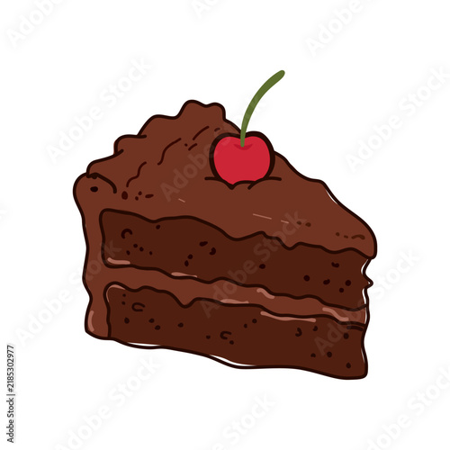 Chocolate Cake Slice with Red Cherry Vector Sticker