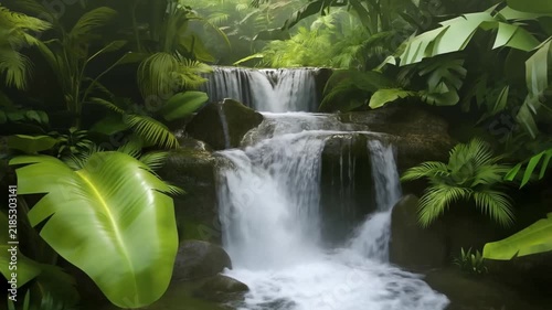 Slow pan tracking shot of waterfall cascading into pool amid dense tropical rainforest with lush green foliage and moss covered rocks