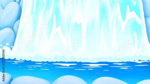 Slow motion static shot of waterfall cascading into turquoise pool with smooth rounded rocks in foreground