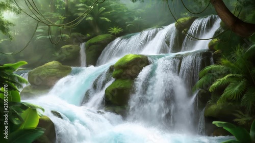 Slow motion tracking pan static shot of waterfall cascading over mossy rocks through tropical rainforest gorge with mist and sunlight during daytime