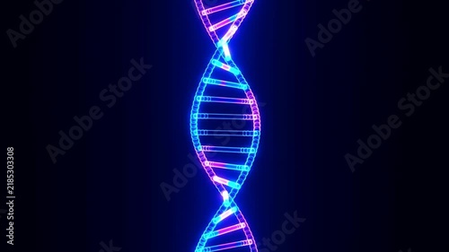 Slow motion tracking shot of dna helix rotating and pulsing against dark digital laboratory background