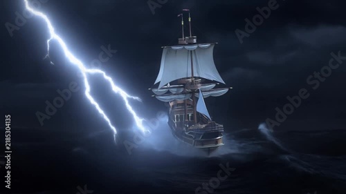 Tracking shot of sailing galleon rocking in storm with lightning over dark open ocean at night