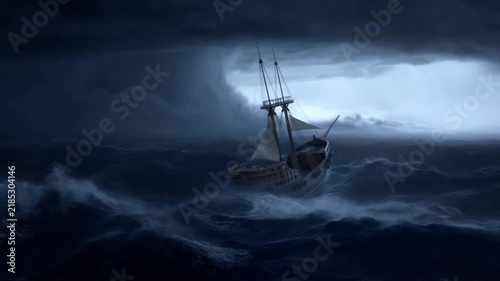 Tracking shot of wooden sailing ship pitching through stormy ocean with lightning and towering clouds