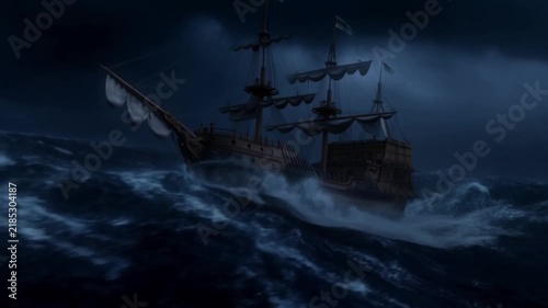 Tracking shot of old wooden galleon pitching and rolling while battling rough waves in open ocean at night during stormy weather