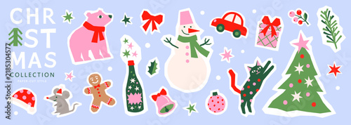 Set of festive holiday stickers in paper-cut style with polar bear, snowman and Christmas tree. Cute elements for winter scrapbooking, gift decor and greeting cards, vector illustration.