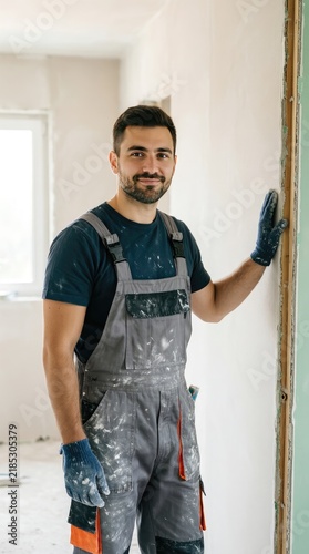Worker stands in renovation site with plaster and tools in hand during a busy workday