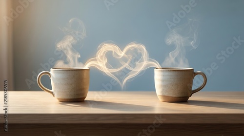 Two cups of coffee on a table create heart-shaped steam in a cozy setting