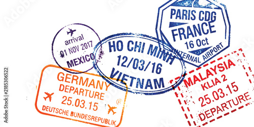 Various international passport stamps from travel destinations around the world