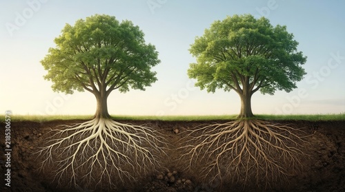 Two trees with exposed roots in a field during daylight hours