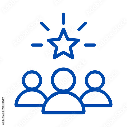 Blue linear icon of three human figures with a shining star above transparent background