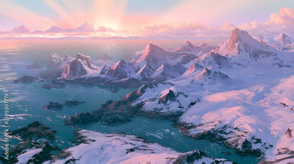 Fototapeta premium Majestic Anime Landscape of Snowy Mountains and Turquoise Sea Under a Dreamy Pastel Sunset Sky
