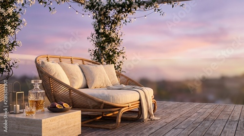 Quiet rooftop nightcap beneath a magenta summer sky