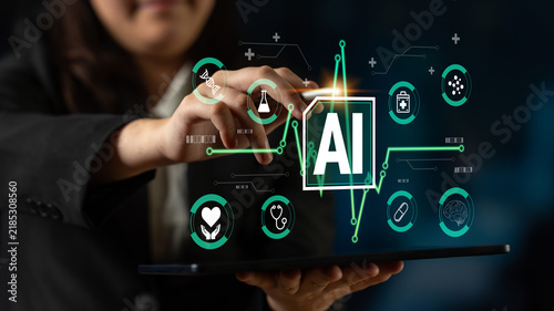 Fotografía Professional woman interacting with artificial intelligence technology, analyzing data visualizations and digital elements on a laptop in a modern workspace environment Haptic