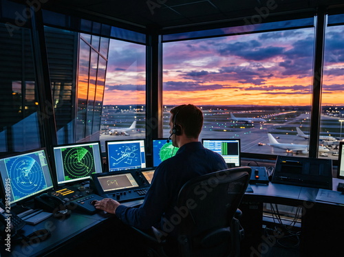 Air Traffic Controller Monitoring Radar Screens at Sunset
