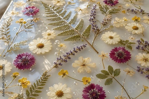 Clear resin tabletop with vintage pressed flowers  
A clear resin tabletop preserving vintage pressed flowers with muted tones and delicate edges—suitable for nostalgic branding, editorial spreads