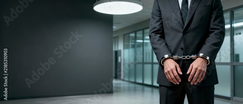 A man in a business suit stands handcuffed in a modern office corridor, symbolizing corporate crime or legal consequences in a professional setting.