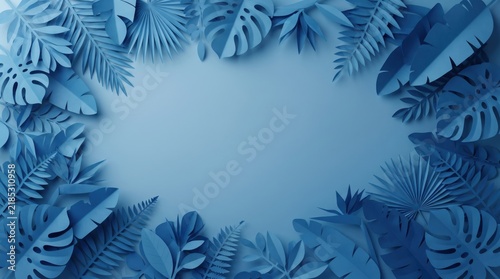 Blue Tropical Leaf Frame with Layered Botanical Foliage and Open Center for Summer Nature Design and Elegant Backdrop