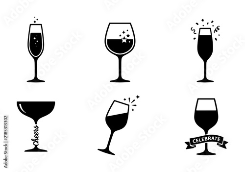 Celebration Champagne and Wine Glasses, Festive Drink Icons, Toasting Beverage Vector Set