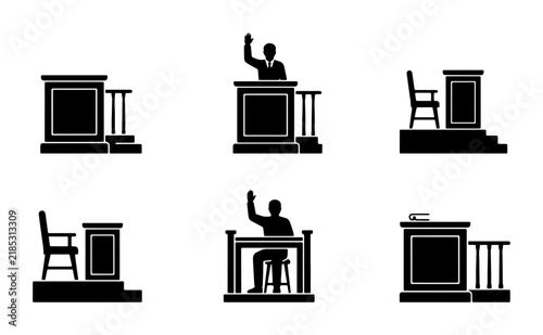 Lawyer Podium Icons, Legal Debate Rostrum Graphics, Courtroom Speaker Stands, Justice Presentation Platforms, 6 Vector Elements